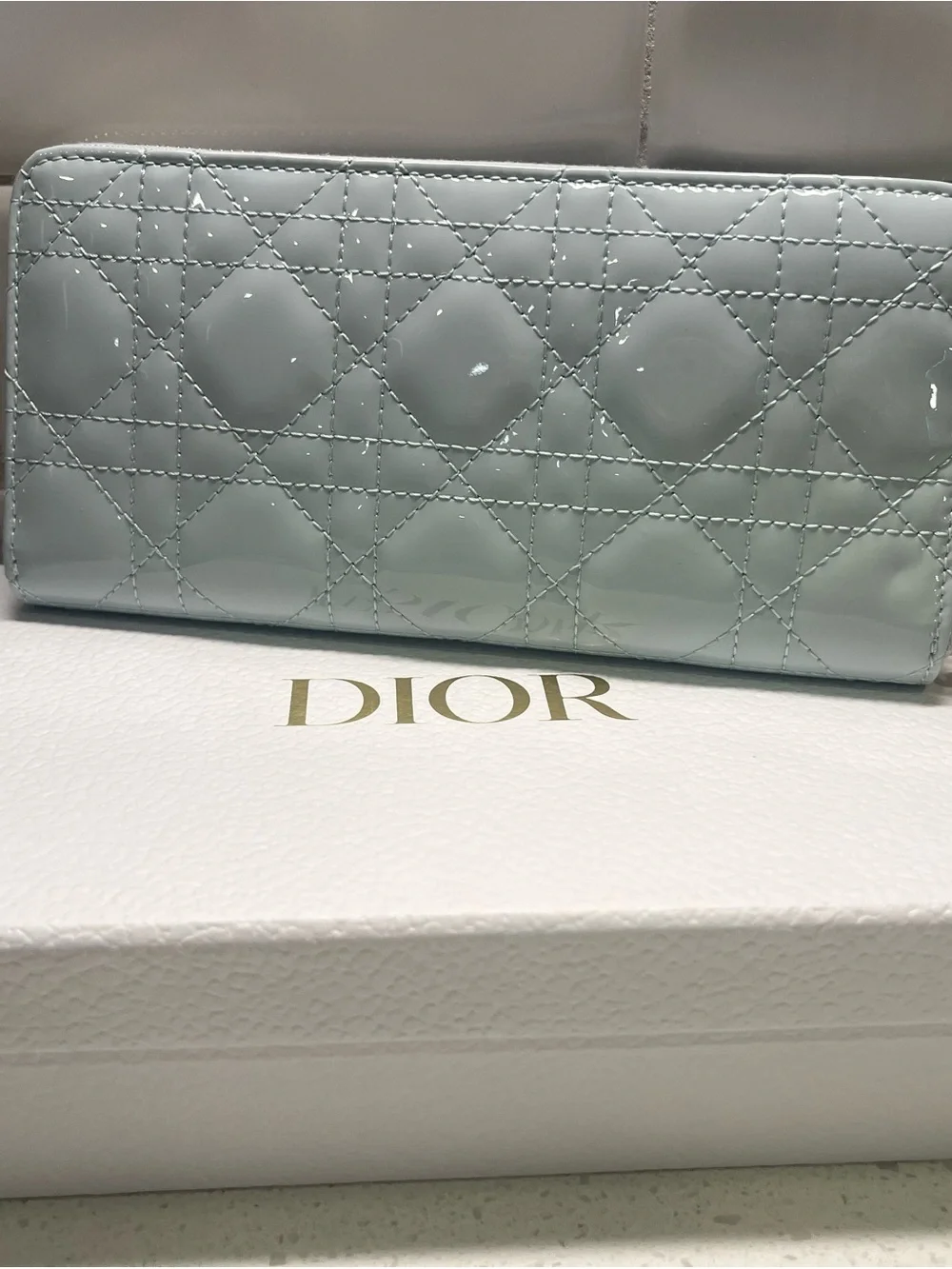 Dior Patent Quilted Wallet in Light Blue